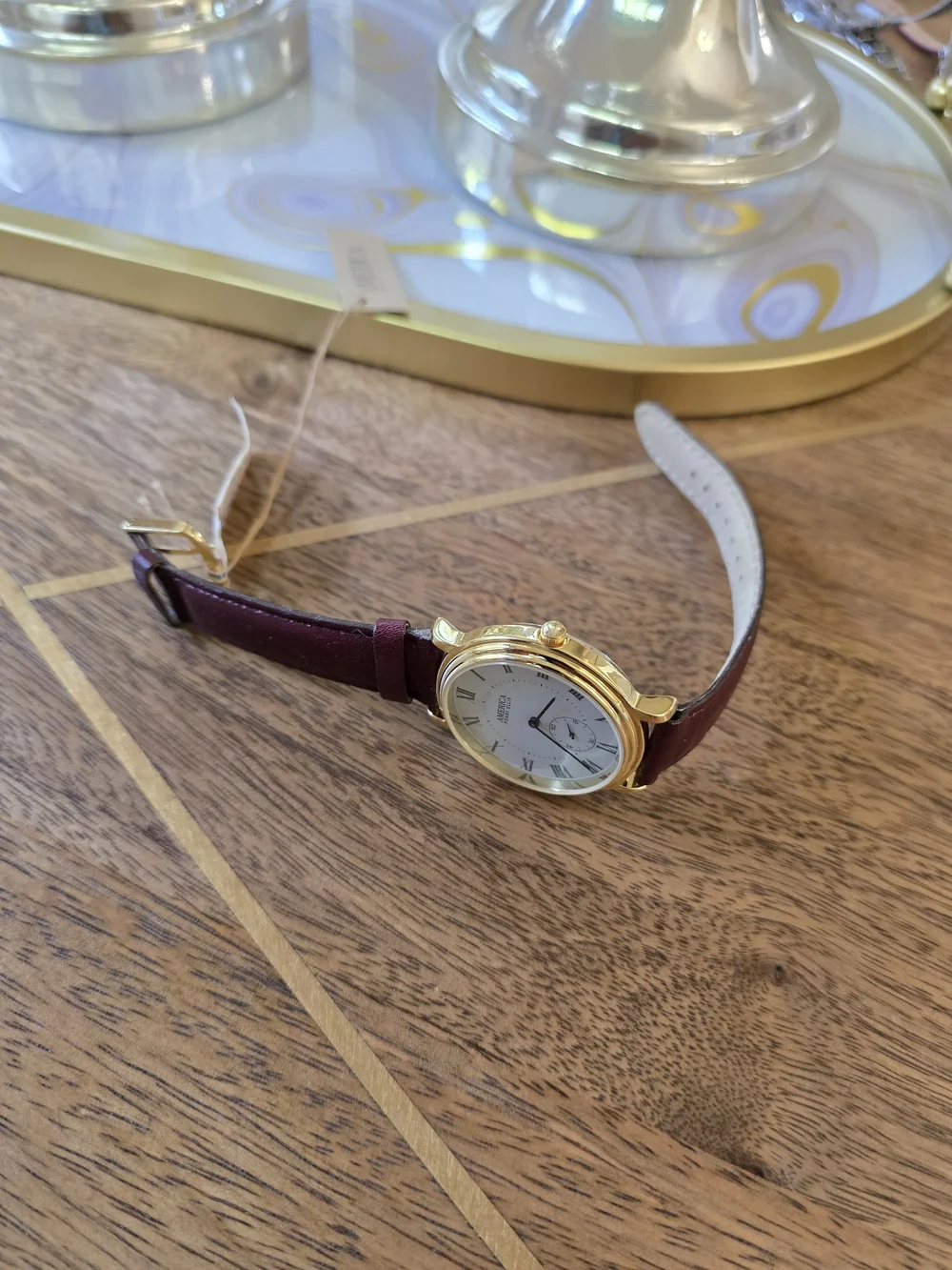 Perry Ellis Gold-Tone Case with Burgundy Leather Strap Watch